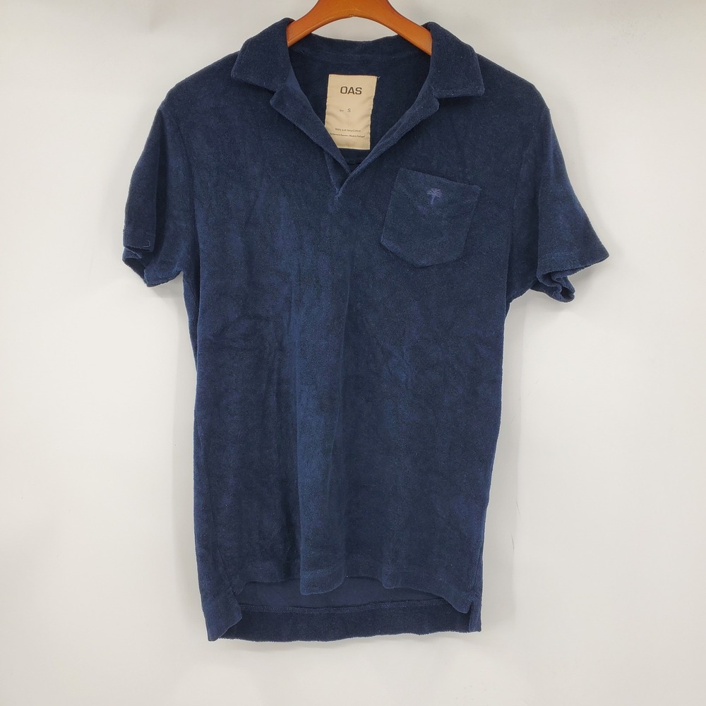 OAS Navy Blue Terry Towel Polo Shirt Mens Small Short Sleeve Cotton Portugal